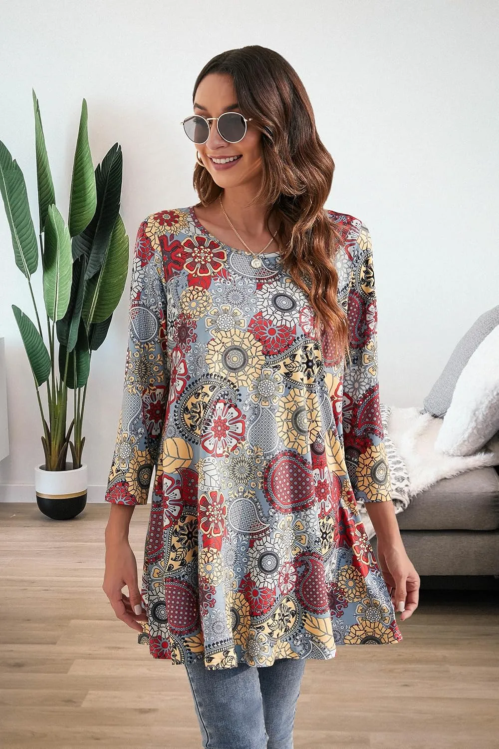 ENMAIN Women's Tops 3/4 Sleeve Dressy Casual Plus Size Tunic Tops to Wear with Leggings Swing Flare T-Shirt Loose Fit Blouses