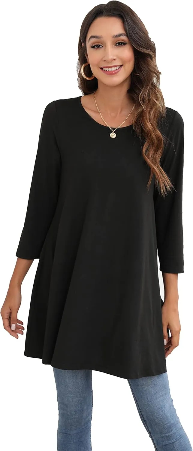ENMAIN Women's Tops 3/4 Sleeve Dressy Casual Plus Size Tunic Tops to Wear with Leggings Swing Flare T-Shirt Loose Fit Blouses