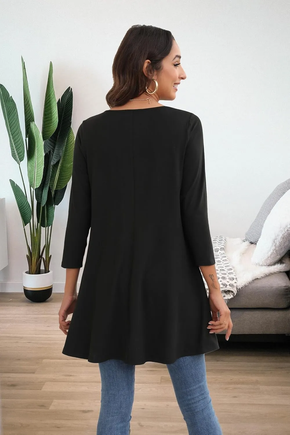 ENMAIN Women's Tops 3/4 Sleeve Dressy Casual Plus Size Tunic Tops to Wear with Leggings Swing Flare T-Shirt Loose Fit Blouses