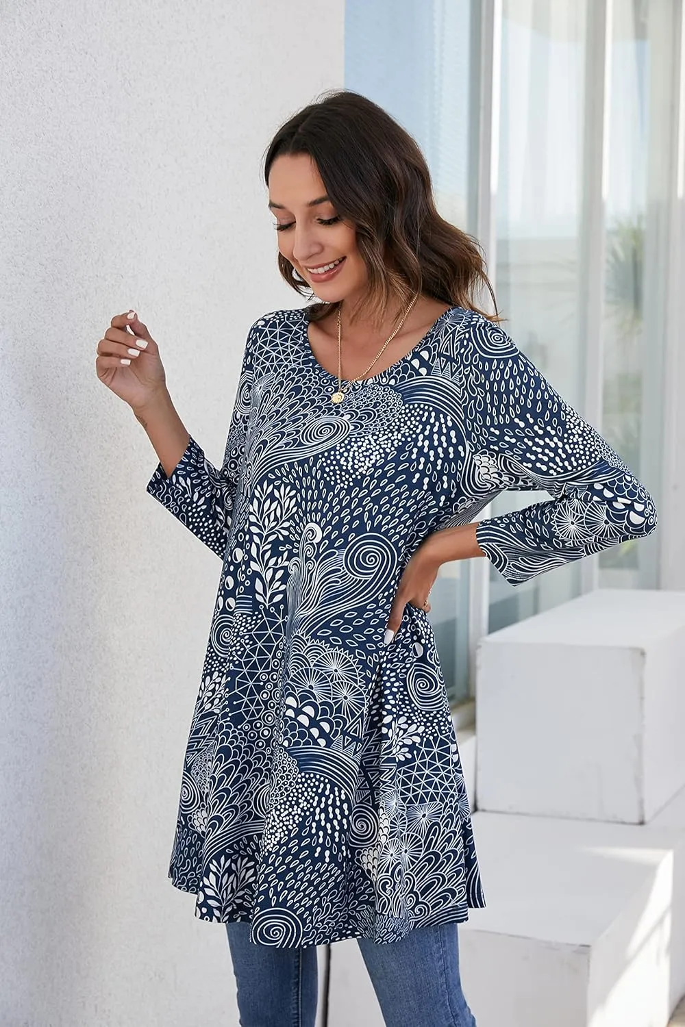 ENMAIN Womens Tunic Tops 3/4 Sleeve Plus Size Loose Fit Tunics Dressy Casual Paisley Floral Swing Flare Top for Leggings