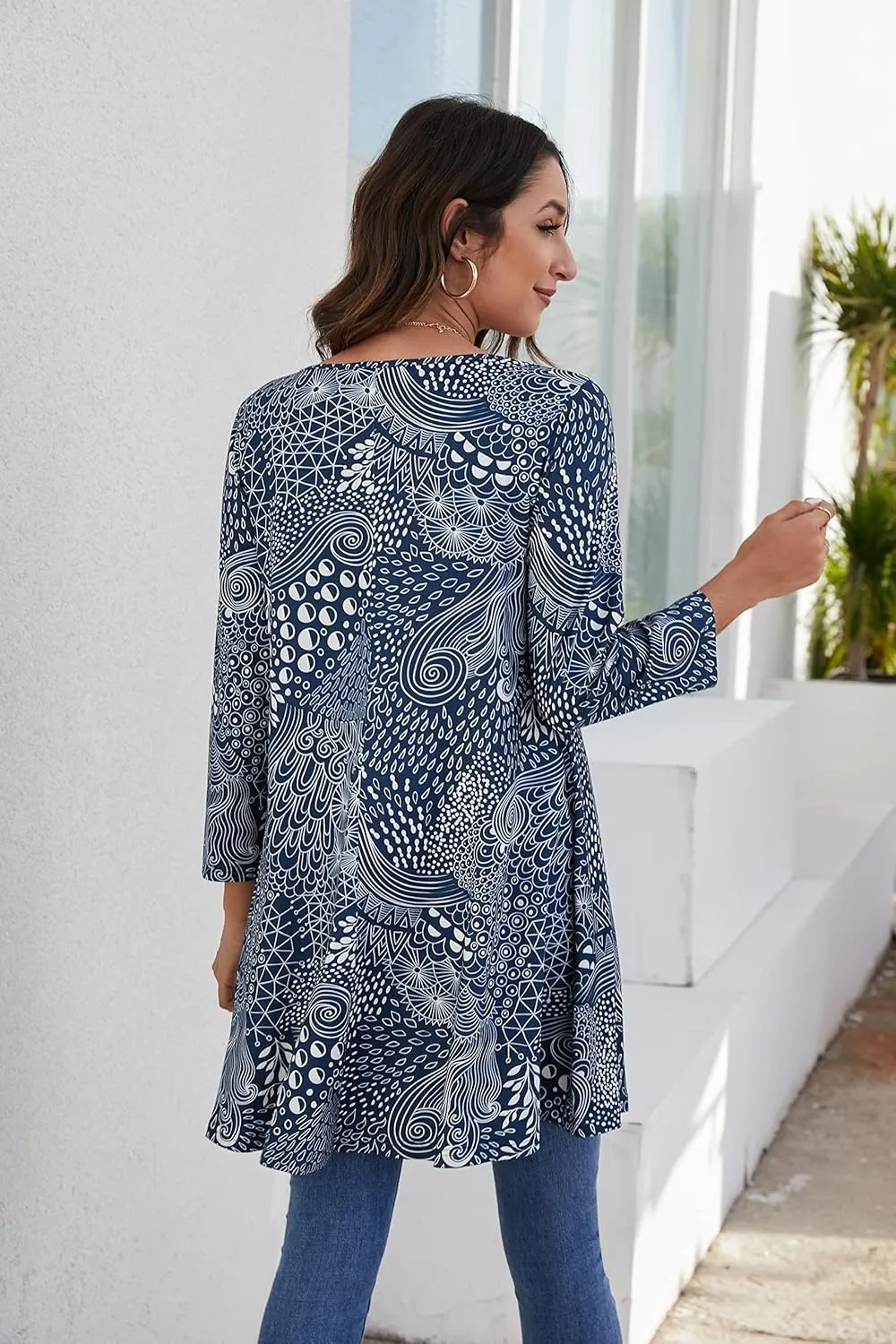 ENMAIN Womens Tunic Tops 3/4 Sleeve Plus Size Loose Fit Tunics Dressy Casual Paisley Floral Swing Flare Top for Leggings