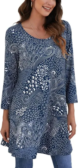 ENMAIN Womens Tunic Tops 3/4 Sleeve Plus Size Loose Fit Tunics Dressy Casual Paisley Floral Swing Flare Top for Leggings