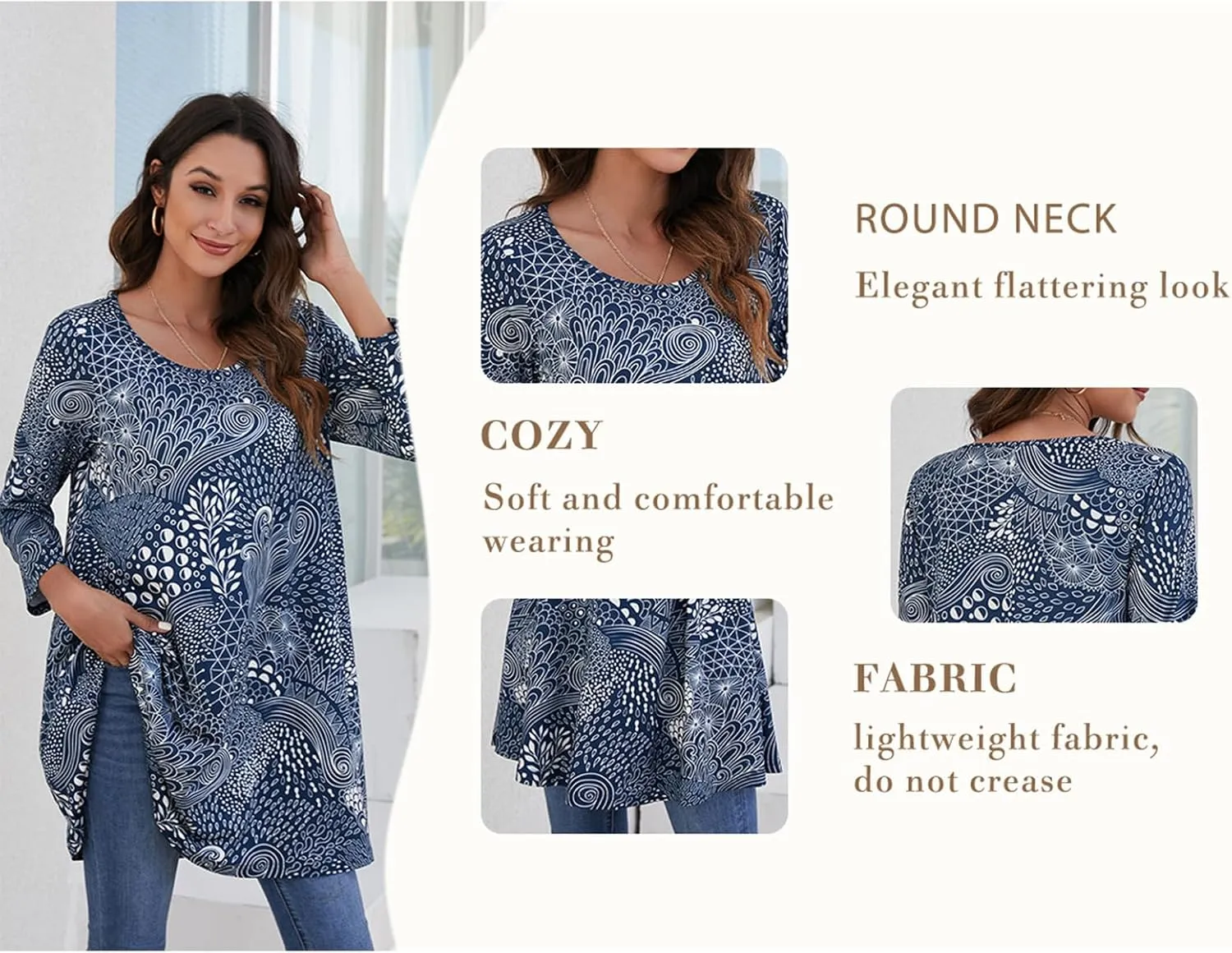 ENMAIN Womens Tunic Tops 3/4 Sleeve Plus Size Loose Fit Tunics Dressy Casual Paisley Floral Swing Flare Top for Leggings