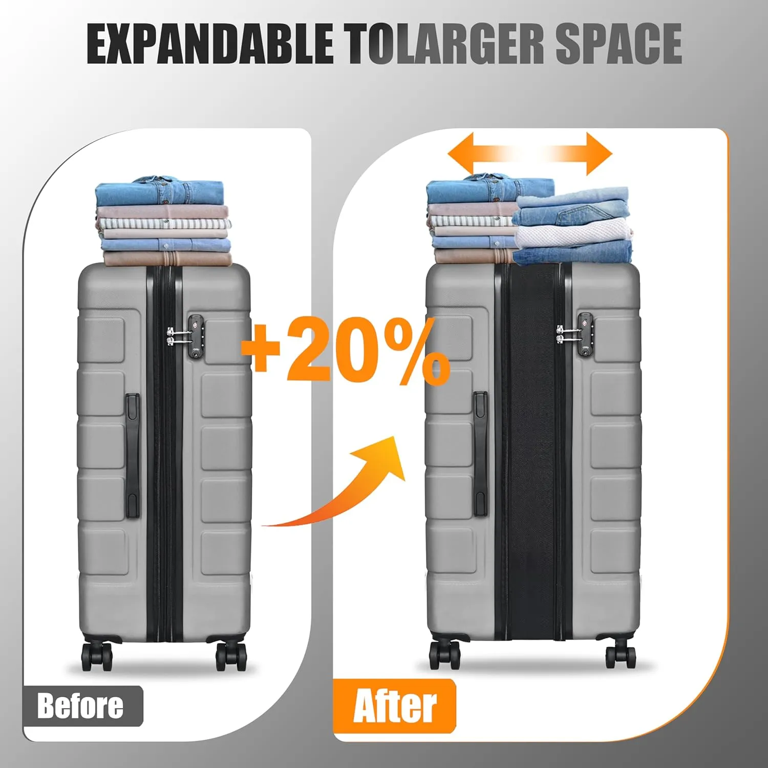 Expandable Lightweight Hardshell Luggage Set with TSA LockDurable Spinner Suitcase Set for Travel, 3-PieceSilver