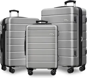 Expandable Lightweight Hardshell Luggage Set with TSA LockDurable Spinner Suitcase Set for Travel, 3-PieceSilver