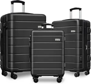 Explorer Light Weight Luggage Hardside Expandable Luggage Spinner Wheels Luggage Suitcase W/TSA Lock 3-Piece Luggage Set, Include 20" Carry on Luggage Suitecase (20in/24in/28in), Black