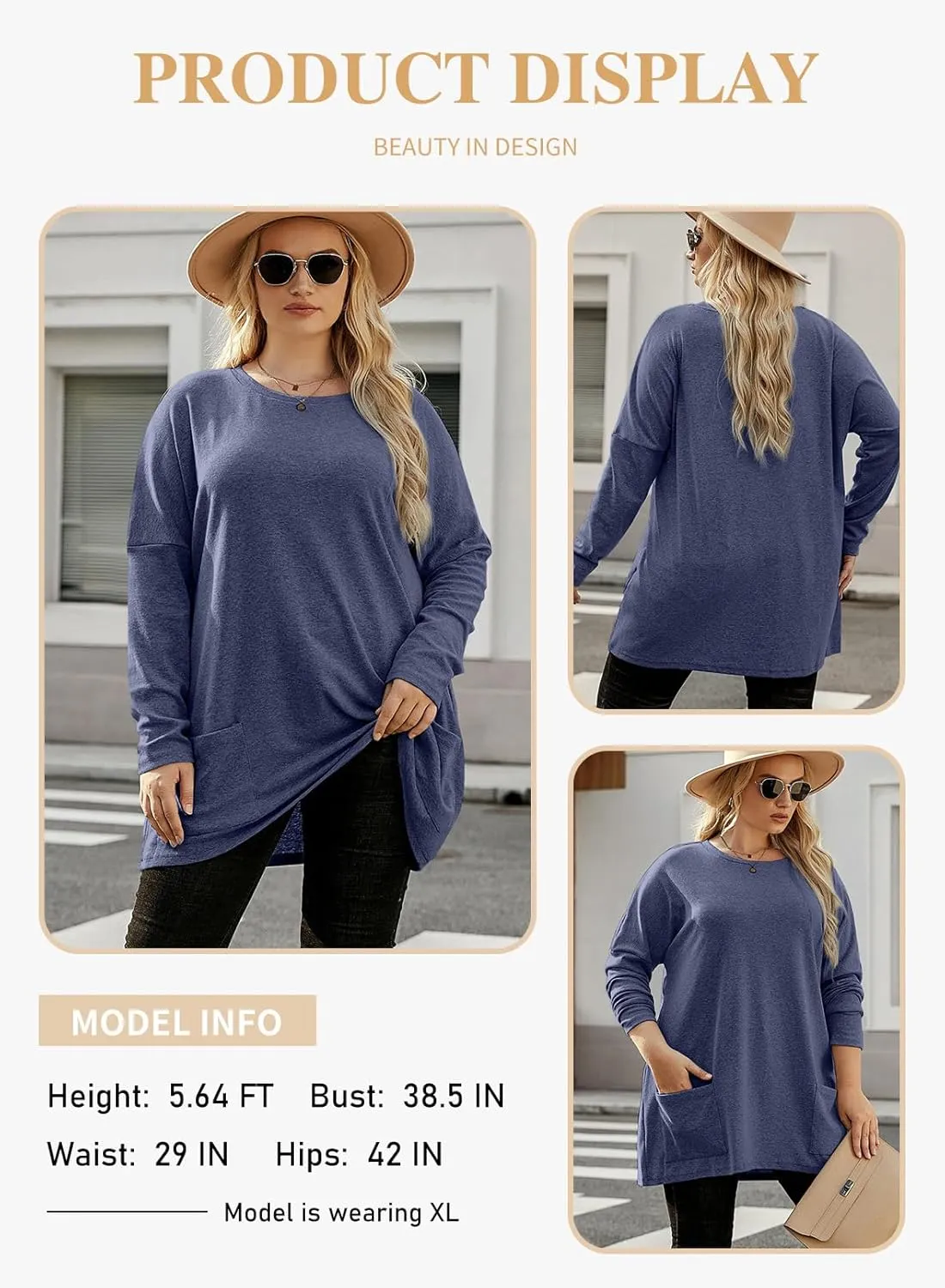 Eytino Womens Plus Size Long Sleeve Tops Crewneck Lightweight Sweatshirt Loose Casual Oversized T Shirts with Pockets(1X-5X)