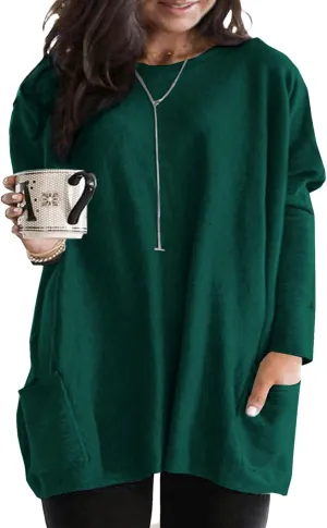 Eytino Womens Plus Size Long Sleeve Tops Crewneck Lightweight Sweatshirt Loose Casual Oversized T Shirts with Pockets(1X-5X)