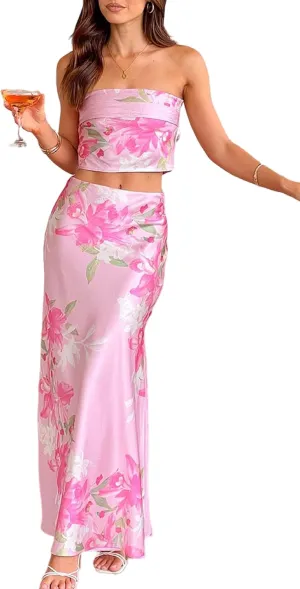 Faretumiya Women Elegant Maxi Skirt Set Strapless Backless Tube Crop Top Slit Long Skirt Floral Satin Two Piece Y2k Outfits