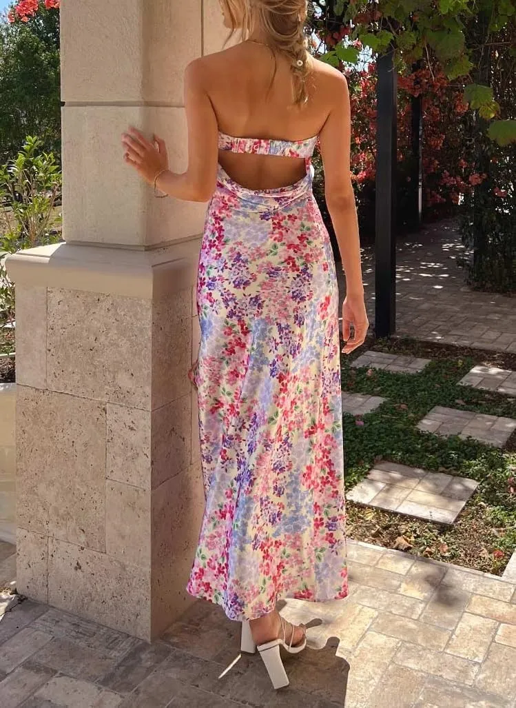 Faretumiya Women Elegant Maxi Skirt Set Strapless Backless Tube Crop Top Slit Long Skirt Floral Satin Two Piece Y2k Outfits