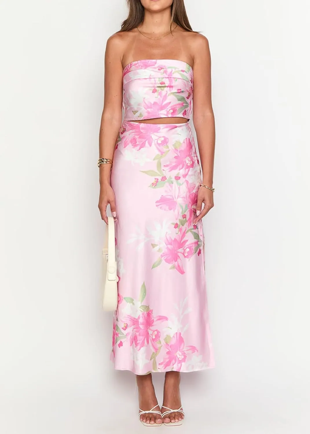 Faretumiya Women Elegant Maxi Skirt Set Strapless Backless Tube Crop Top Slit Long Skirt Floral Satin Two Piece Y2k Outfits