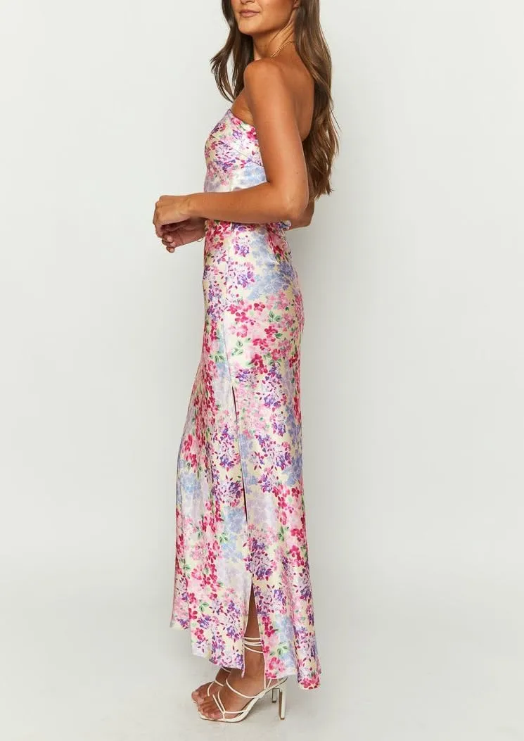 Faretumiya Women Elegant Maxi Skirt Set Strapless Backless Tube Crop Top Slit Long Skirt Floral Satin Two Piece Y2k Outfits