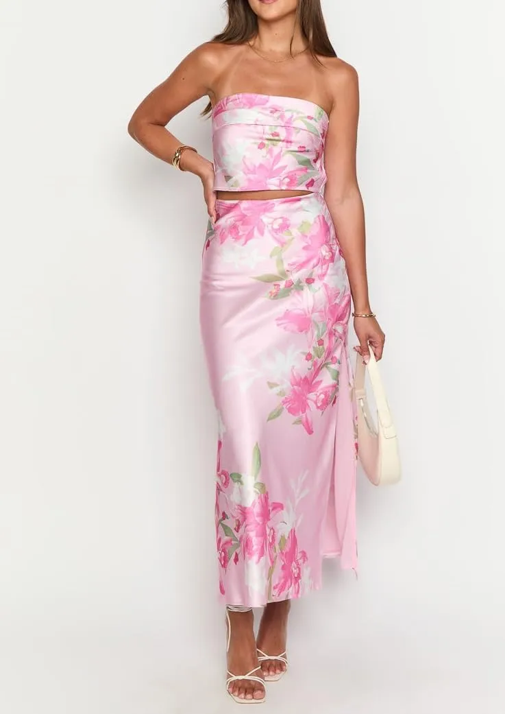 Faretumiya Women Elegant Maxi Skirt Set Strapless Backless Tube Crop Top Slit Long Skirt Floral Satin Two Piece Y2k Outfits