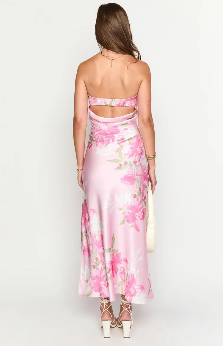 Faretumiya Women Elegant Maxi Skirt Set Strapless Backless Tube Crop Top Slit Long Skirt Floral Satin Two Piece Y2k Outfits