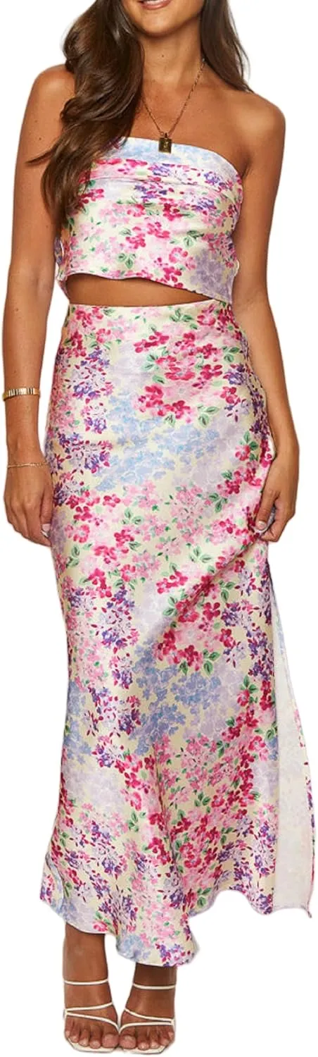 Faretumiya Women Elegant Maxi Skirt Set Strapless Backless Tube Crop Top Slit Long Skirt Floral Satin Two Piece Y2k Outfits