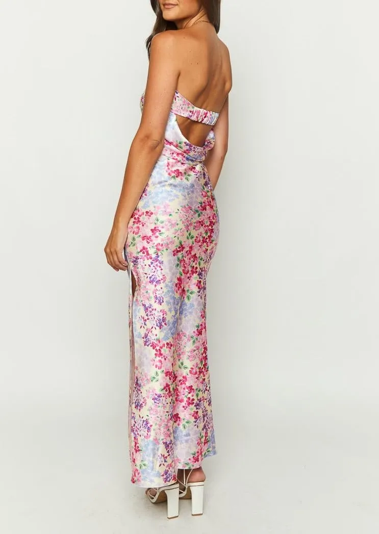 Faretumiya Women Elegant Maxi Skirt Set Strapless Backless Tube Crop Top Slit Long Skirt Floral Satin Two Piece Y2k Outfits