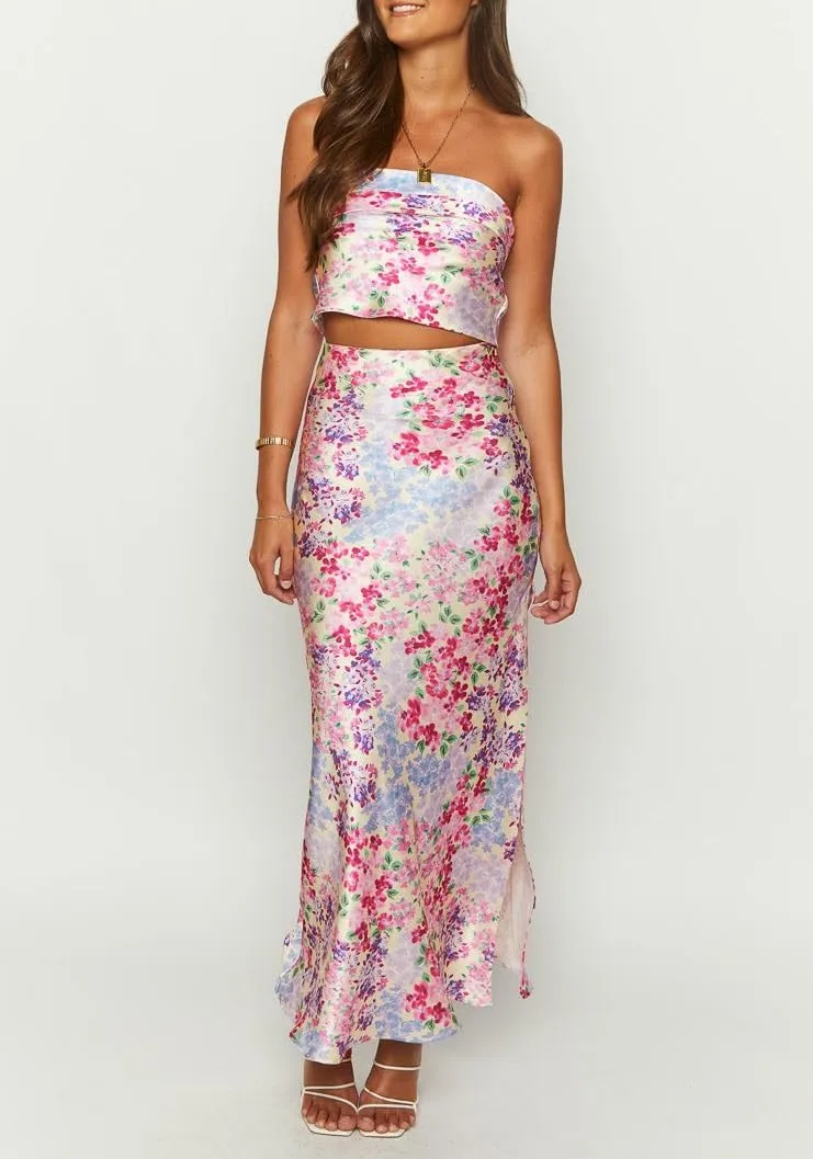 Faretumiya Women Elegant Maxi Skirt Set Strapless Backless Tube Crop Top Slit Long Skirt Floral Satin Two Piece Y2k Outfits