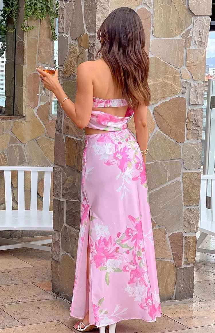 Faretumiya Women Elegant Maxi Skirt Set Strapless Backless Tube Crop Top Slit Long Skirt Floral Satin Two Piece Y2k Outfits
