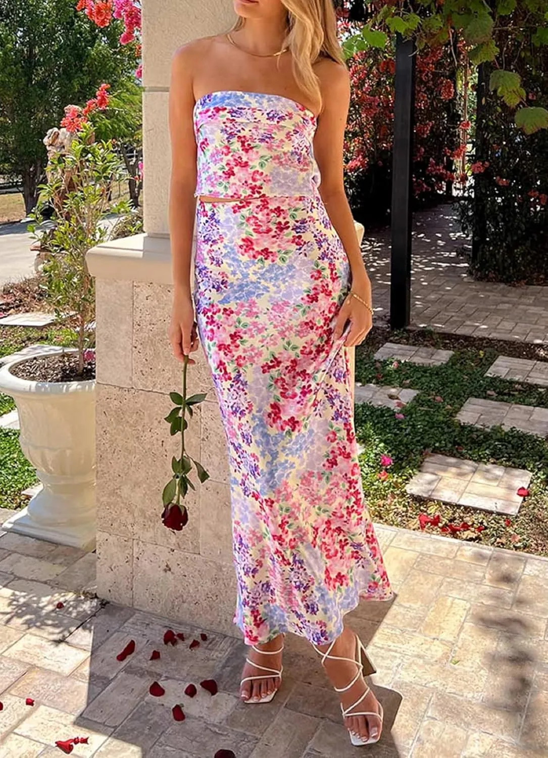 Faretumiya Women Elegant Maxi Skirt Set Strapless Backless Tube Crop Top Slit Long Skirt Floral Satin Two Piece Y2k Outfits