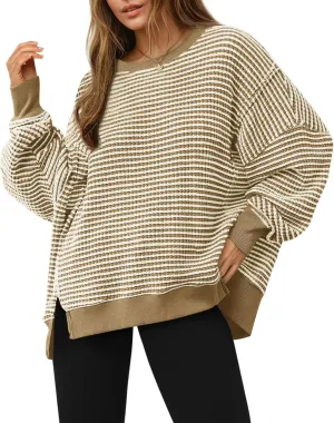 Fisoew Women's Fall Oversized Sweatshirt Casual Waffle Knit Long Sleeve Crewneck Split Pullover Tunic Tops