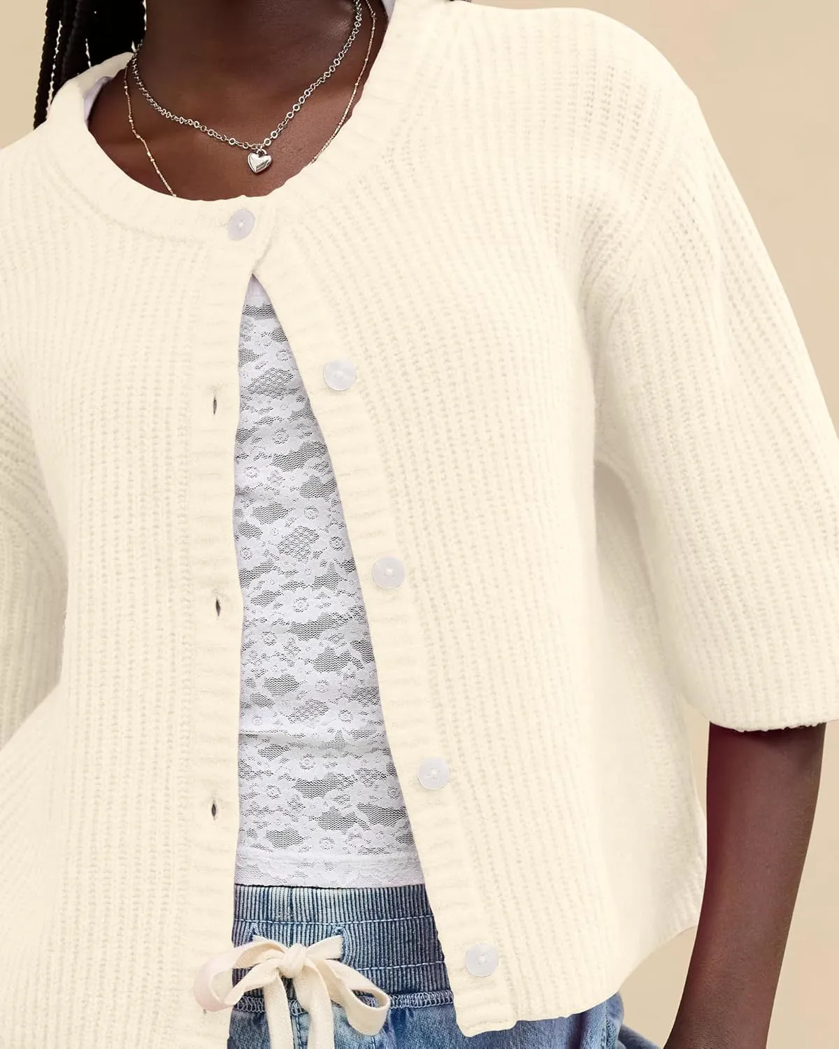 Gacaky Women's Lightweight Cardigan Sweater Short Sleeve Casual Crewneck Button Soft Knit Cardigans Sweater Tops