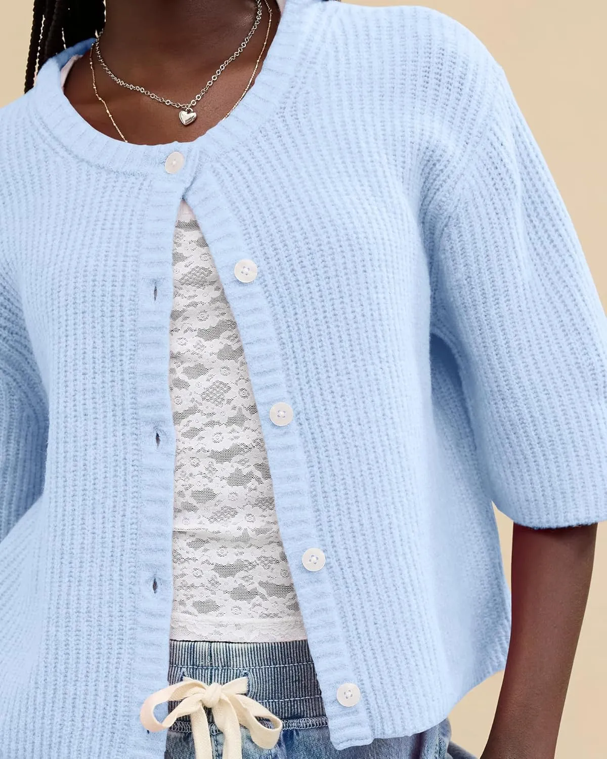 Gacaky Women's Lightweight Cardigan Sweater Short Sleeve Casual Crewneck Button Soft Knit Cardigans Sweater Tops