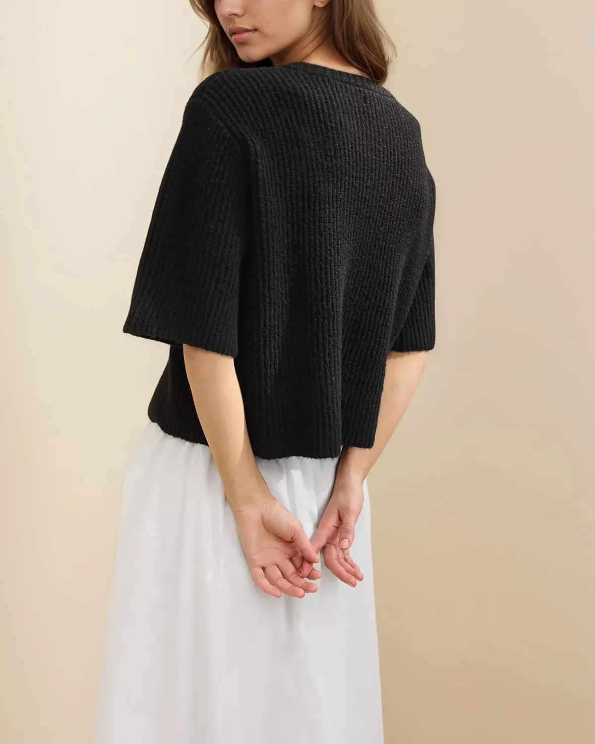 Gacaky Women's Lightweight Cardigan Sweater Short Sleeve Casual Crewneck Button Soft Knit Cardigans Sweater Tops
