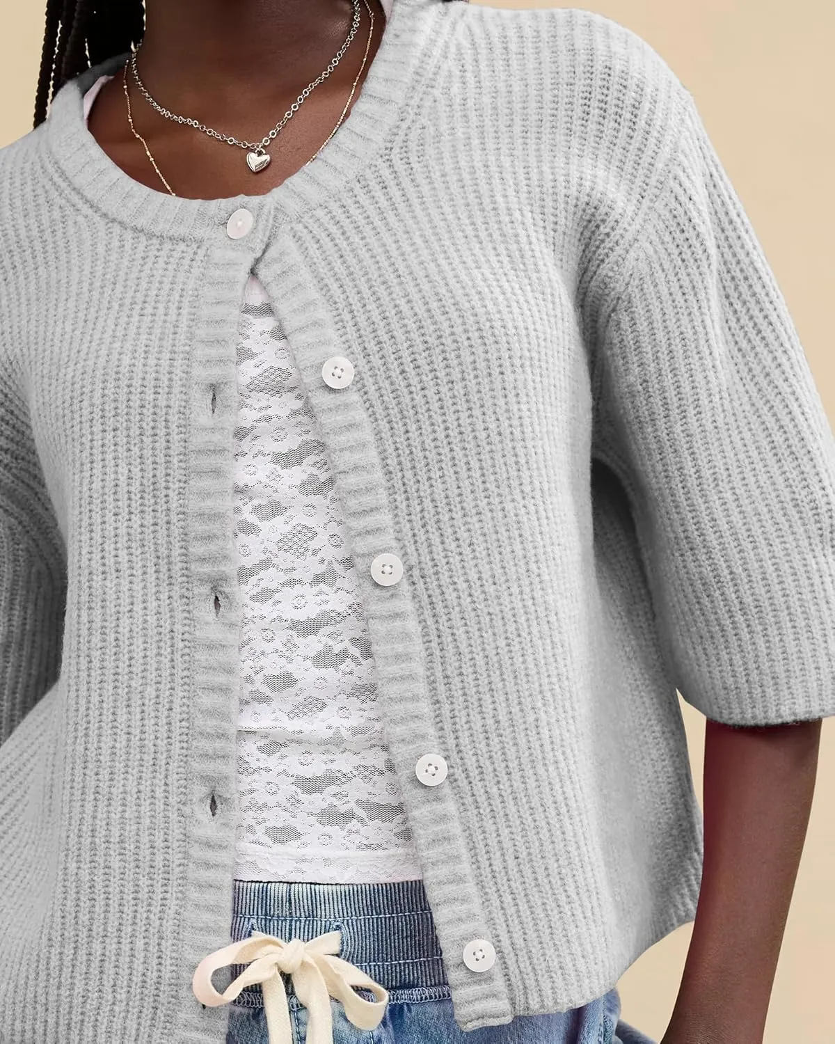 Gacaky Women's Lightweight Cardigan Sweater Short Sleeve Casual Crewneck Button Soft Knit Cardigans Sweater Tops
