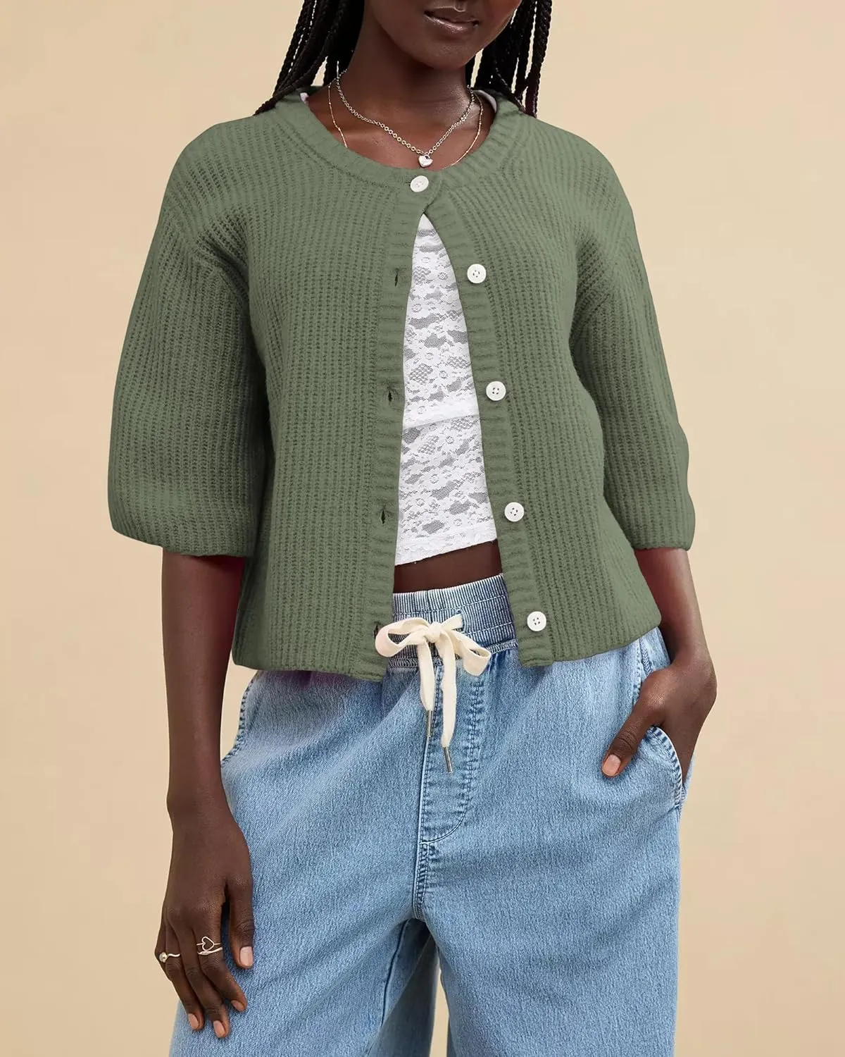 Gacaky Women's Lightweight Cardigan Sweater Short Sleeve Casual Crewneck Button Soft Knit Cardigans Sweater Tops