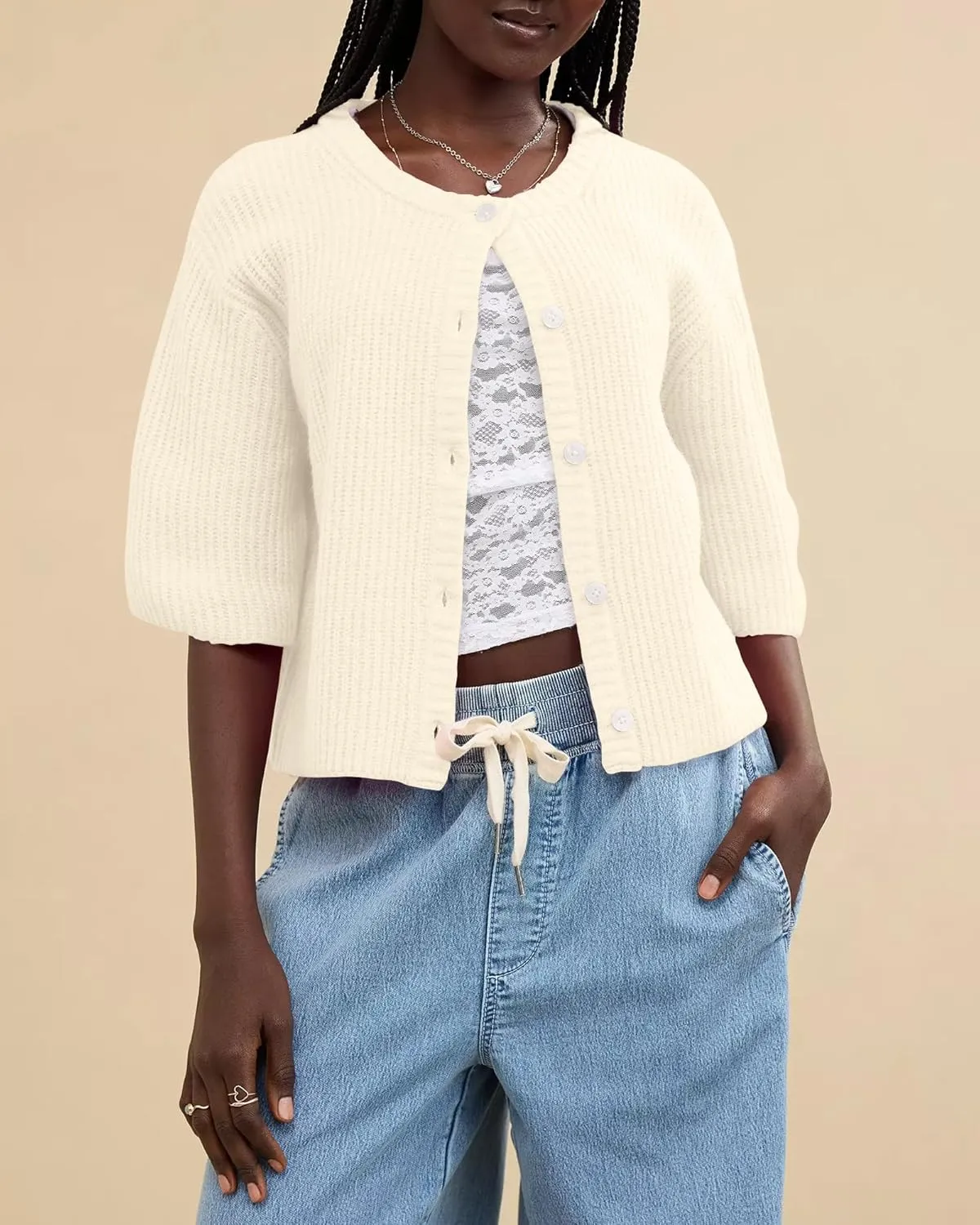 Gacaky Women's Lightweight Cardigan Sweater Short Sleeve Casual Crewneck Button Soft Knit Cardigans Sweater Tops