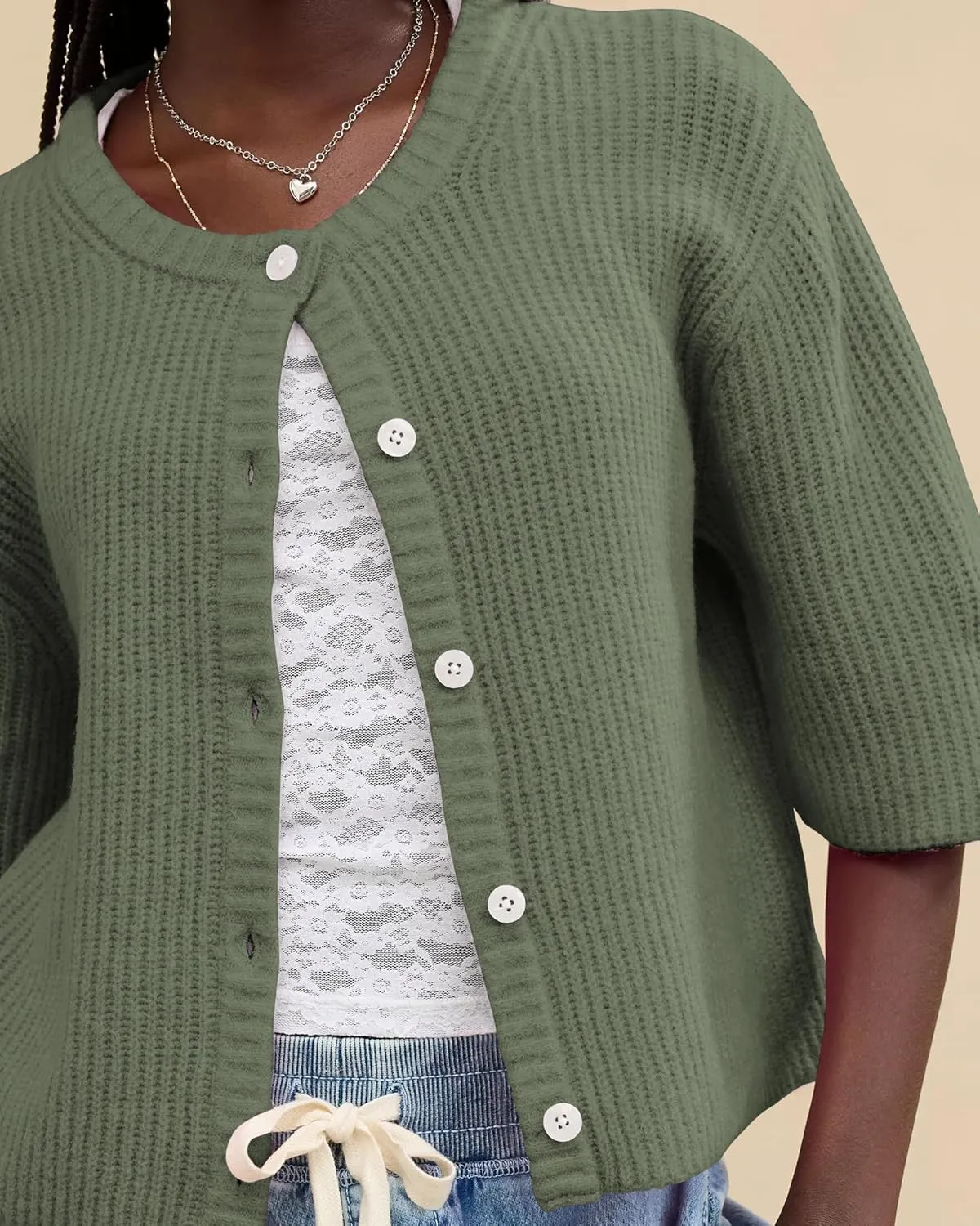 Gacaky Women's Lightweight Cardigan Sweater Short Sleeve Casual Crewneck Button Soft Knit Cardigans Sweater Tops