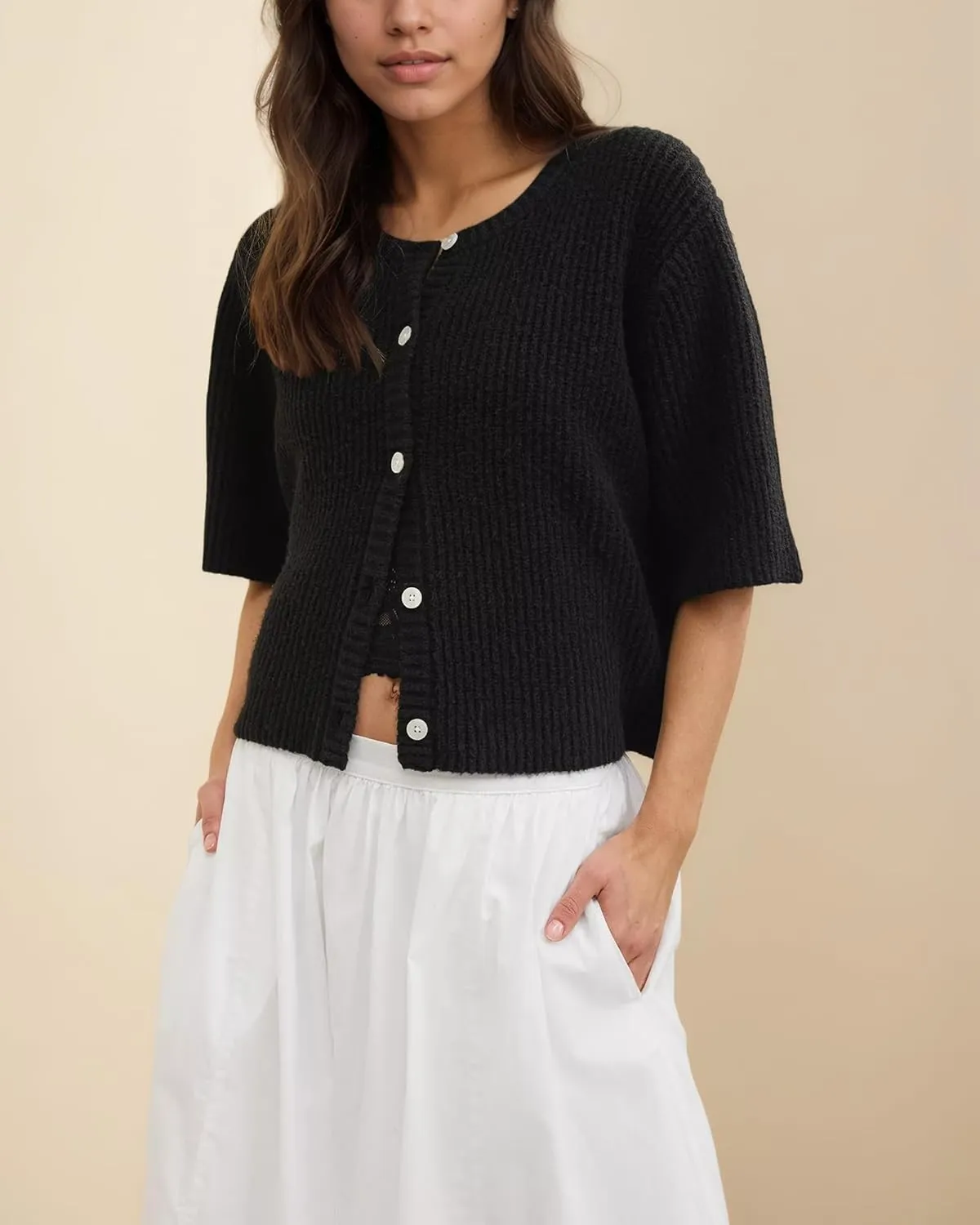 Gacaky Women's Lightweight Cardigan Sweater Short Sleeve Casual Crewneck Button Soft Knit Cardigans Sweater Tops