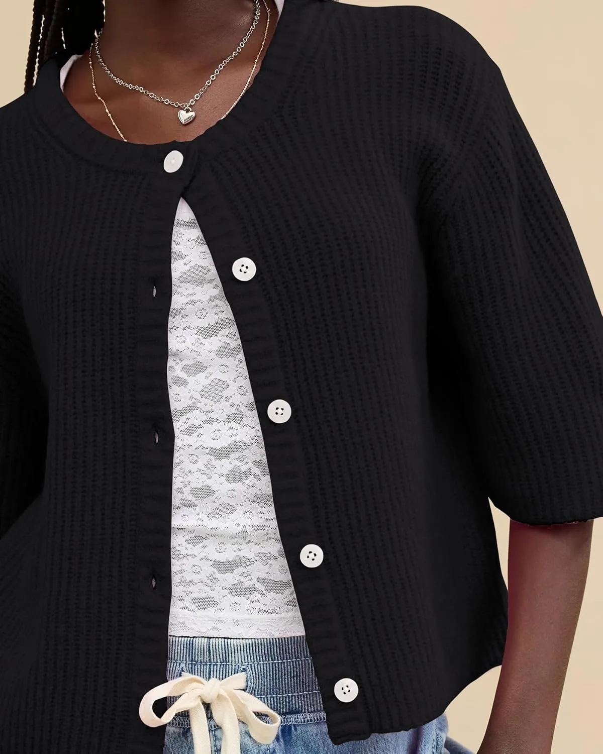 Gacaky Women's Lightweight Cardigan Sweater Short Sleeve Casual Crewneck Button Soft Knit Cardigans Sweater Tops