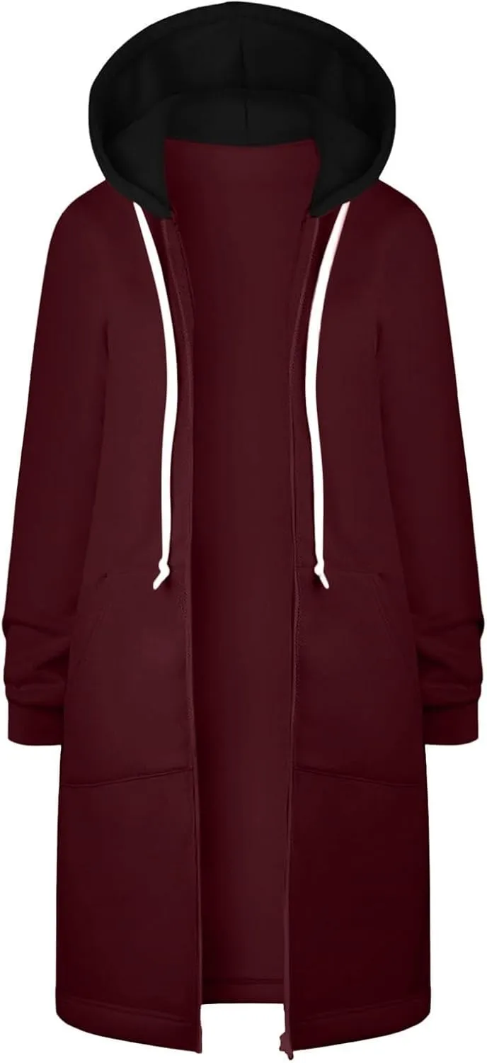 GOFULY Sweatshirt Dress Women Lightweight Zip Up Hoodies Fleece Fall Long Sleeve Drawstring Clothes Solid Jacket With Pockets