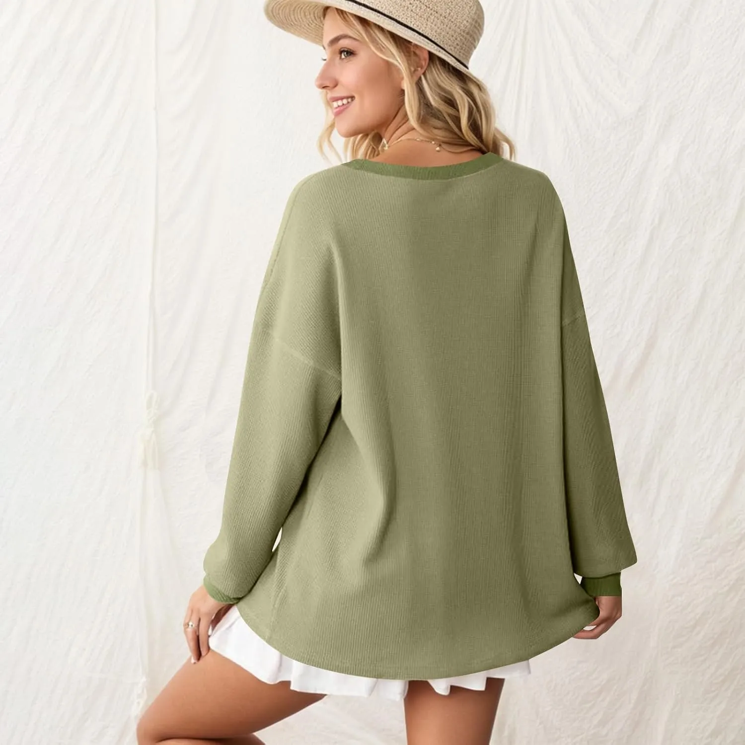 GOFULY Women'S Crewneck Sweatshirts Lightweight Waffle Knit Shirts Long Sleeve Fall Pullover Ribbed Color Block Sweatshirt