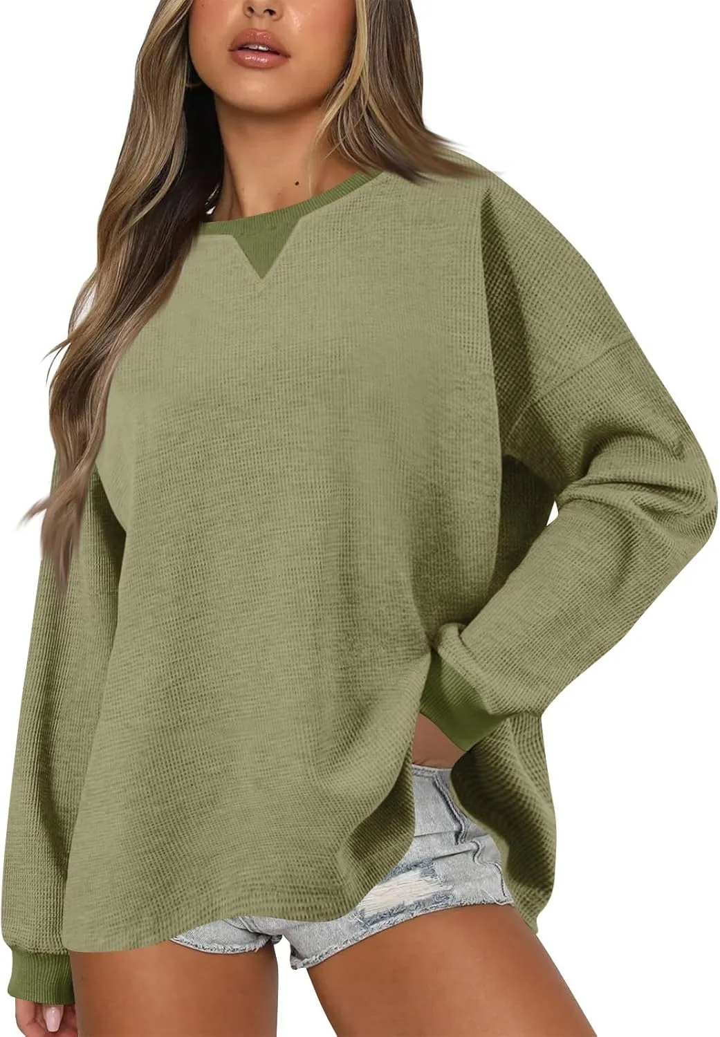 GOFULY Women'S Crewneck Sweatshirts Lightweight Waffle Knit Shirts Long Sleeve Fall Pullover Ribbed Color Block Sweatshirt