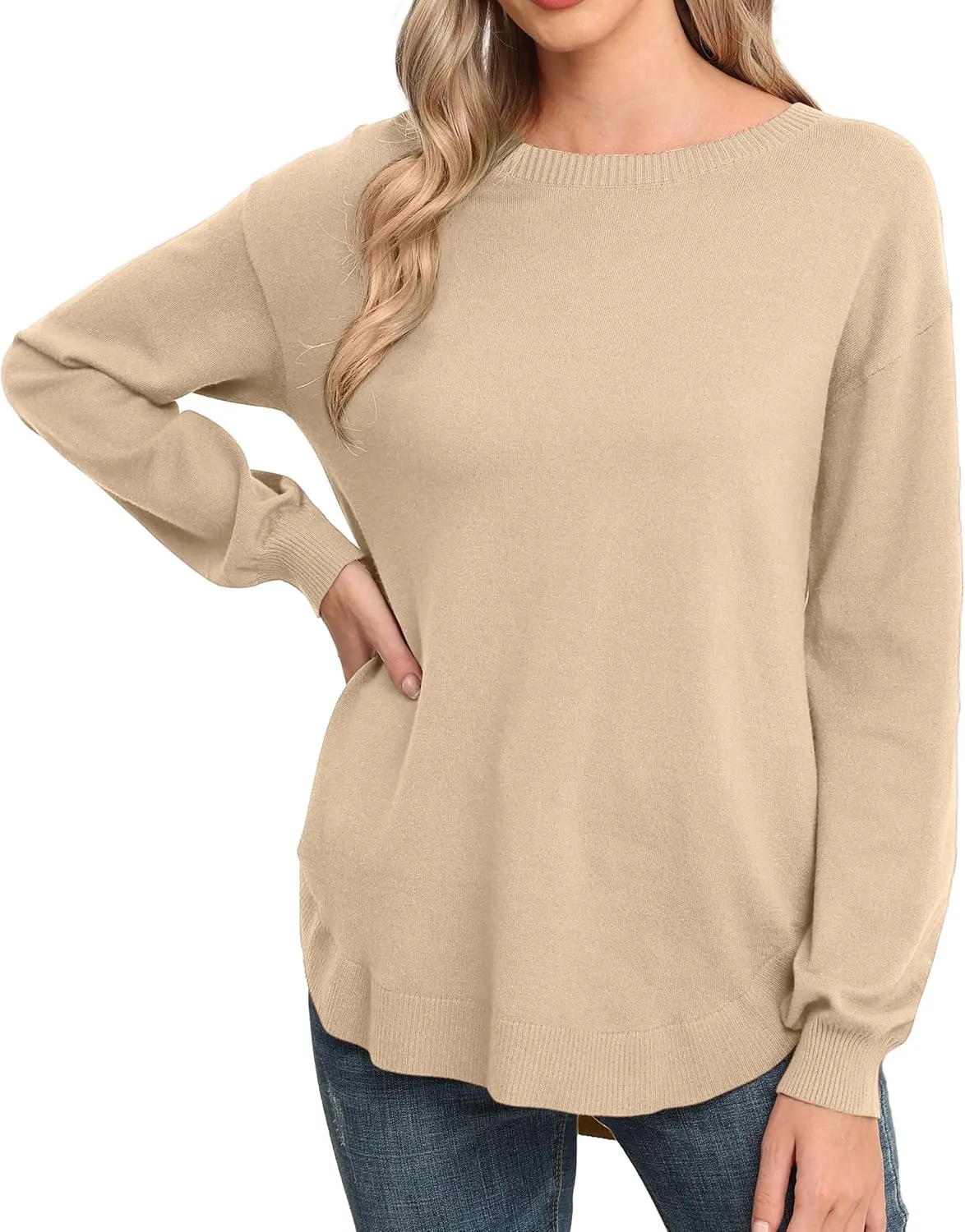 GRECERELLE Womens Long Sleeve Lightweight Crewneck Sweater Tops Casual Soft Knit Pullover Jumper