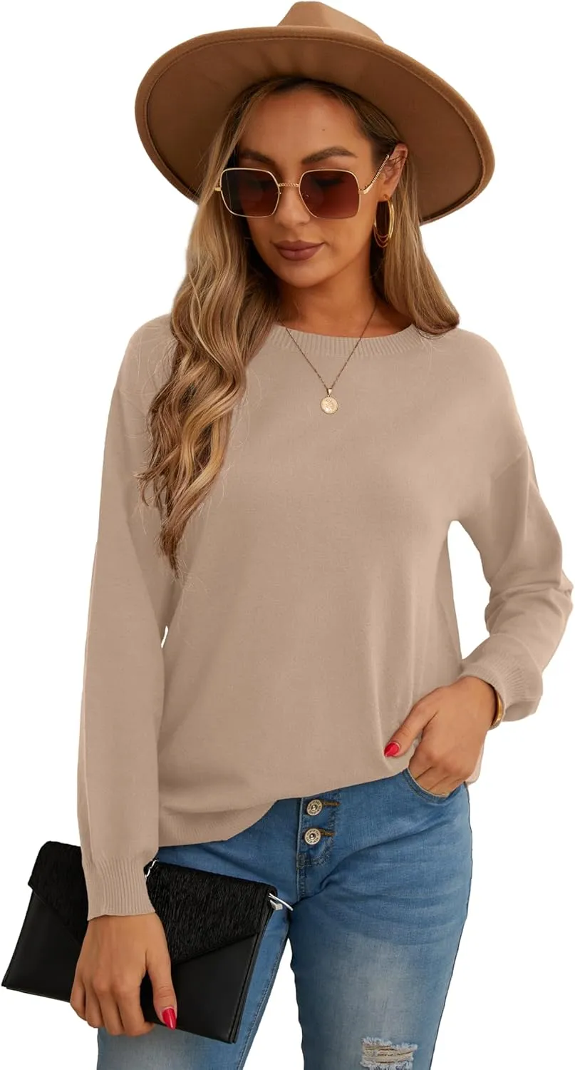 GRECERELLE Womens Long Sleeve Lightweight Crewneck Sweater Tops Casual Soft Knit Pullover Jumper
