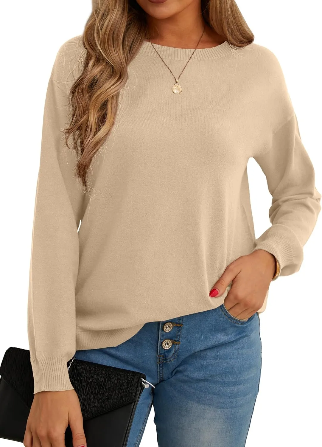 GRECERELLE Womens Long Sleeve Lightweight Crewneck Sweater Tops Casual Soft Knit Pullover Jumper