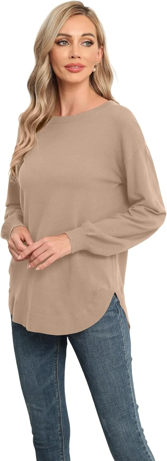 GRECERELLE Womens Long Sleeve Lightweight Crewneck Sweater Tops Casual Soft Knit Pullover Jumper