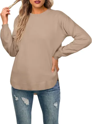 GRECERELLE Womens Long Sleeve Lightweight Crewneck Sweater Tops Casual Soft Knit Pullover Jumper