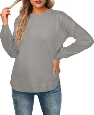 GRECERELLE Womens Long Sleeve Lightweight Crewneck Sweater Tops Casual Soft Knit Pullover Jumper