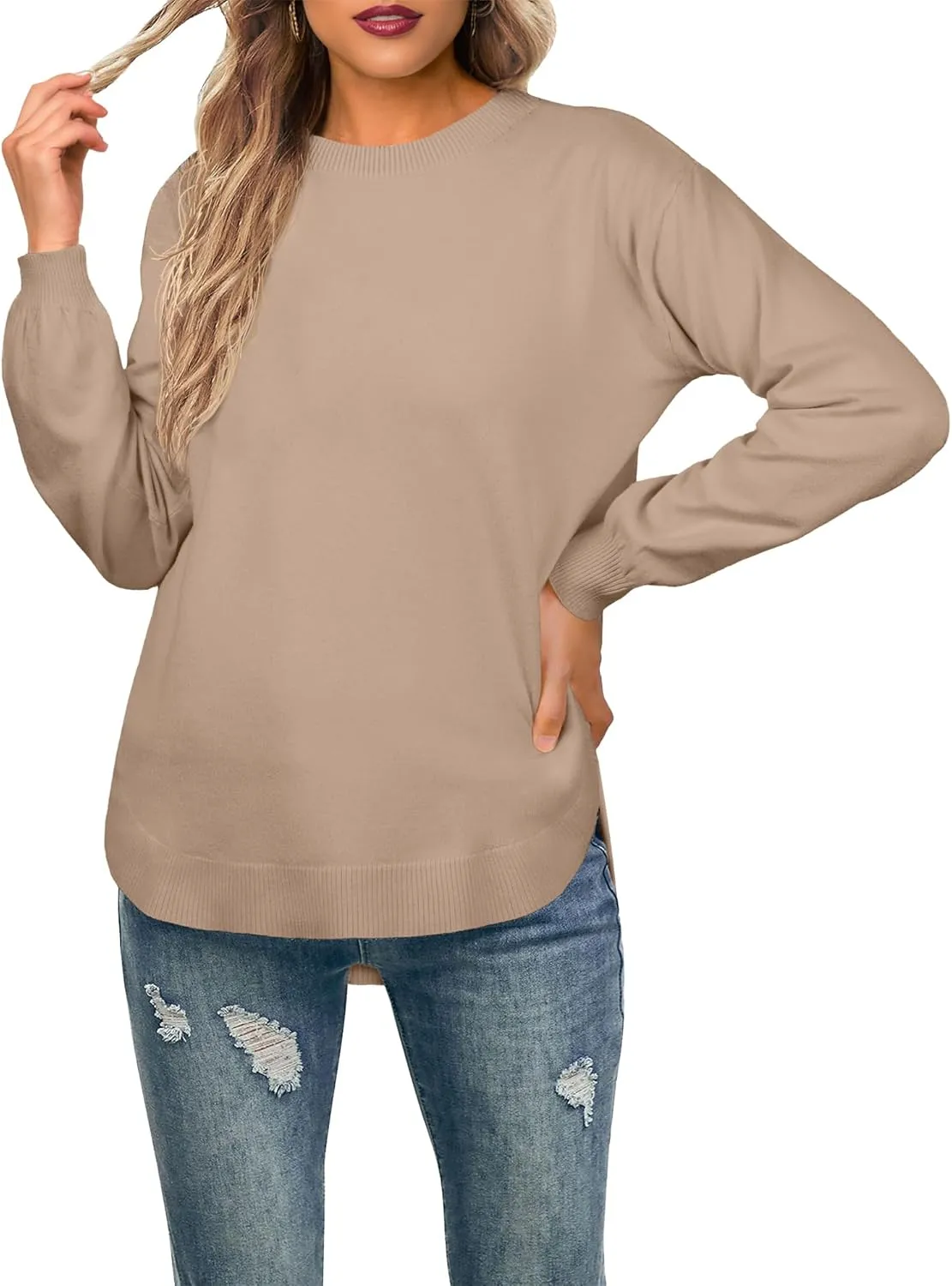 GRECERELLE Womens Long Sleeve Lightweight Crewneck Sweater Tops Casual Soft Knit Pullover Jumper