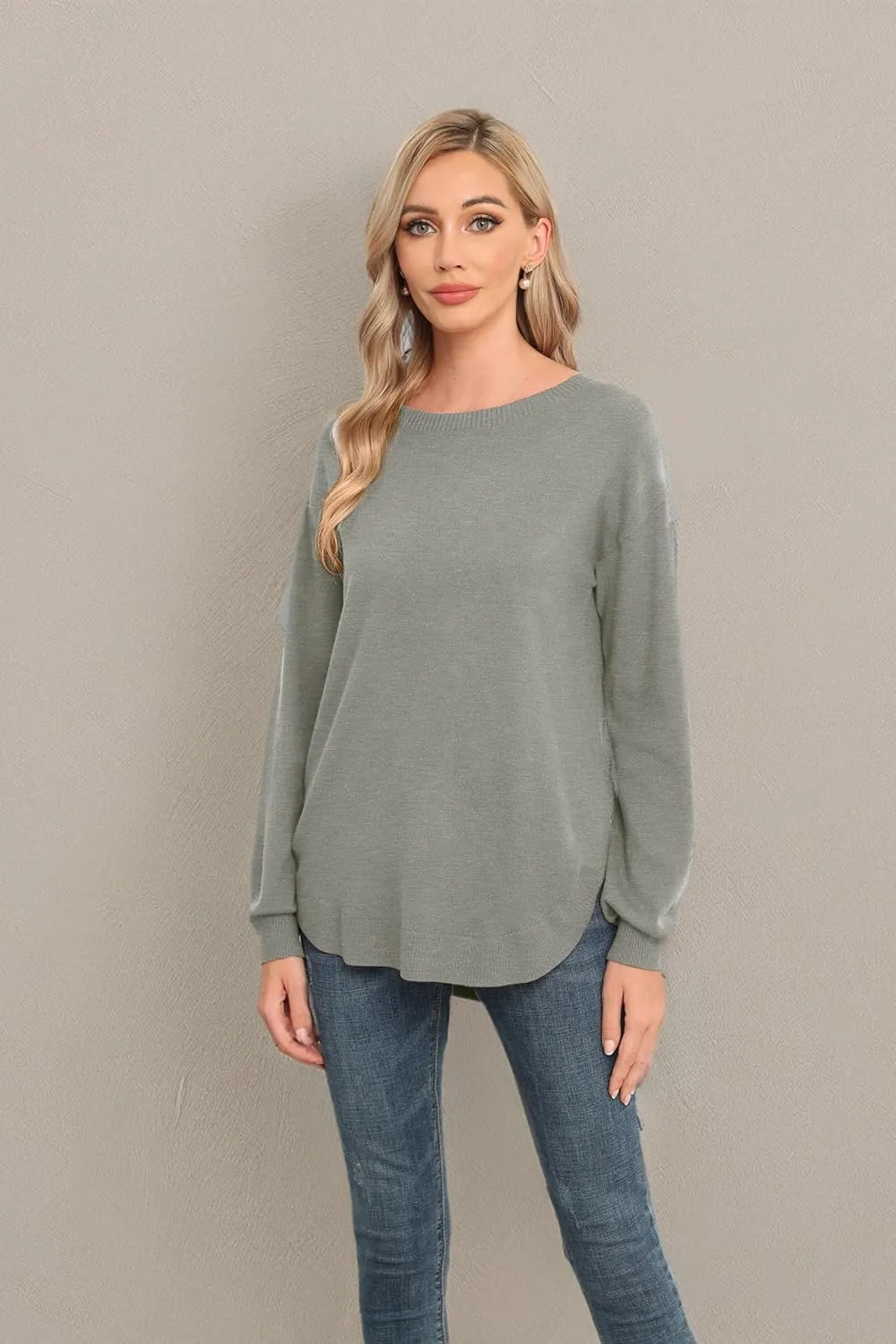 GRECERELLE Womens Long Sleeve Lightweight Crewneck Sweater Tops Casual Soft Knit Pullover Jumper