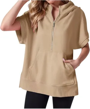 Half Zip Sweatshirt Women Oversized Short Sleeve Hoodies Casual Pullover Tops Loose Fit Summer Shirts with Pockets