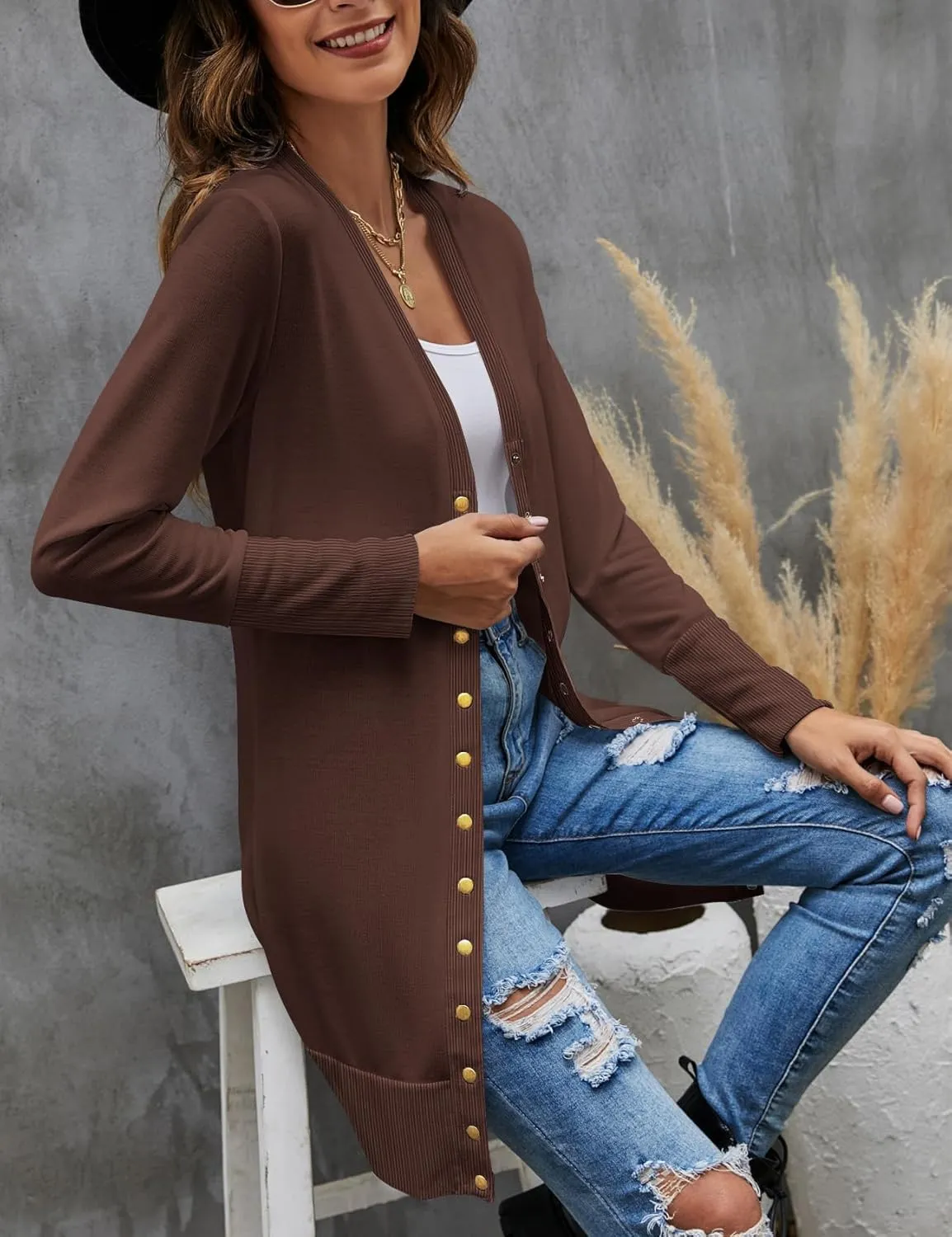 Halife Womens Long Sleeve Cardigans Lightweight Ribbed Neckline Soft Knit Cardigan Sweater with Buttons