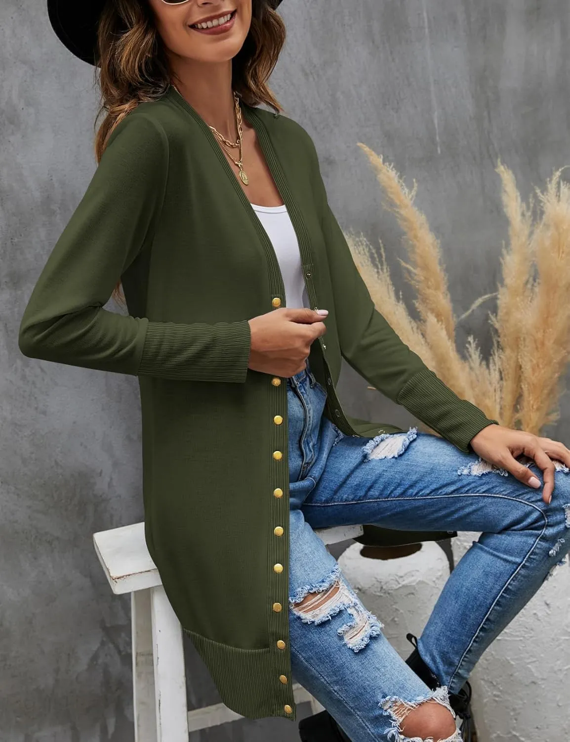 Halife Womens Long Sleeve Cardigans Lightweight Ribbed Neckline Soft Knit Cardigan Sweater with Buttons