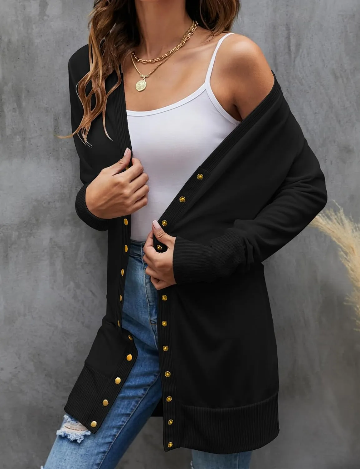 Halife Womens Long Sleeve Cardigans Lightweight Ribbed Neckline Soft Knit Cardigan Sweater with Buttons