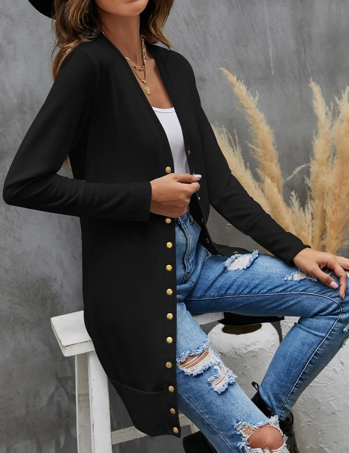Halife Womens Long Sleeve Cardigans Lightweight Ribbed Neckline Soft Knit Cardigan Sweater with Buttons