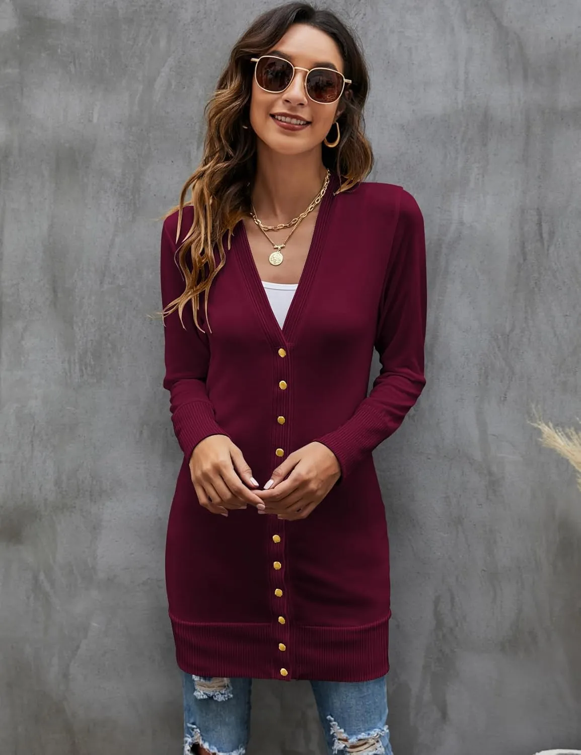Halife Womens Long Sleeve Cardigans Lightweight Ribbed Neckline Soft Knit Cardigan Sweater with Buttons